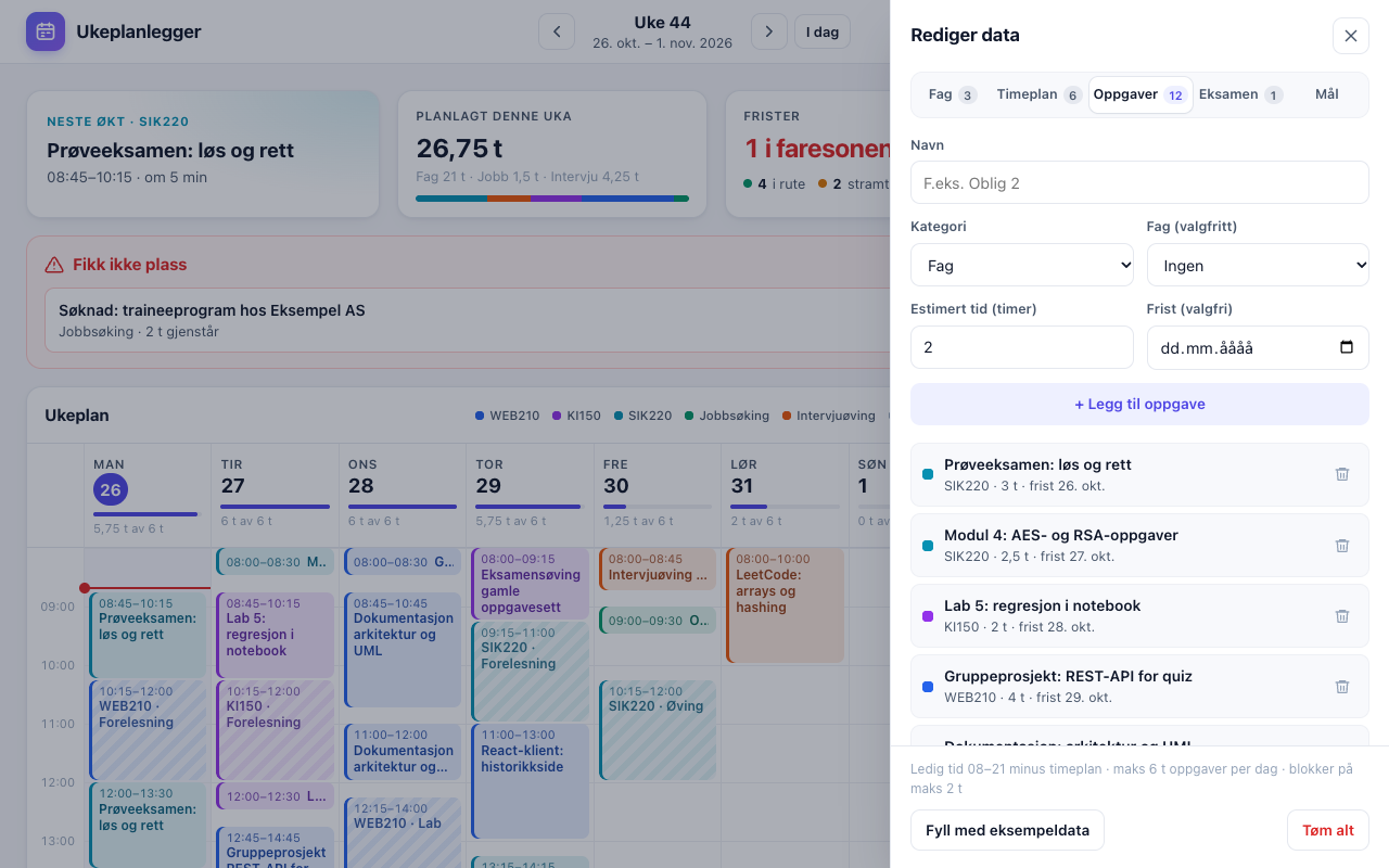 The edit drawer on the Tasks tab, with the add-task form and the task list showing course, hours and deadline