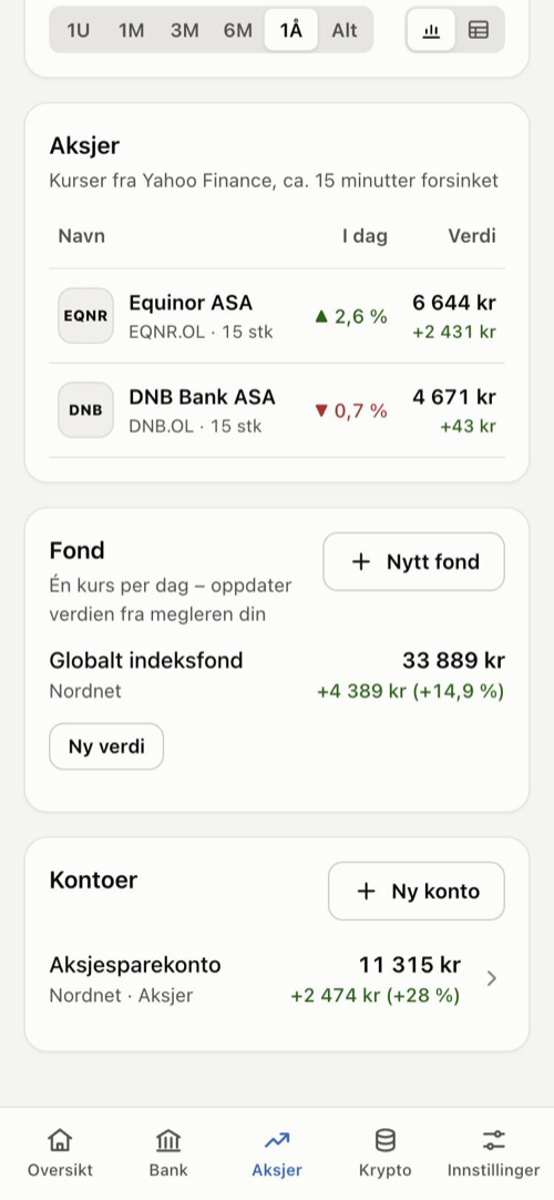 Stocks and funds on a phone: holdings table with today's change and value, a fund with a New value button, and the stock account (demo data)