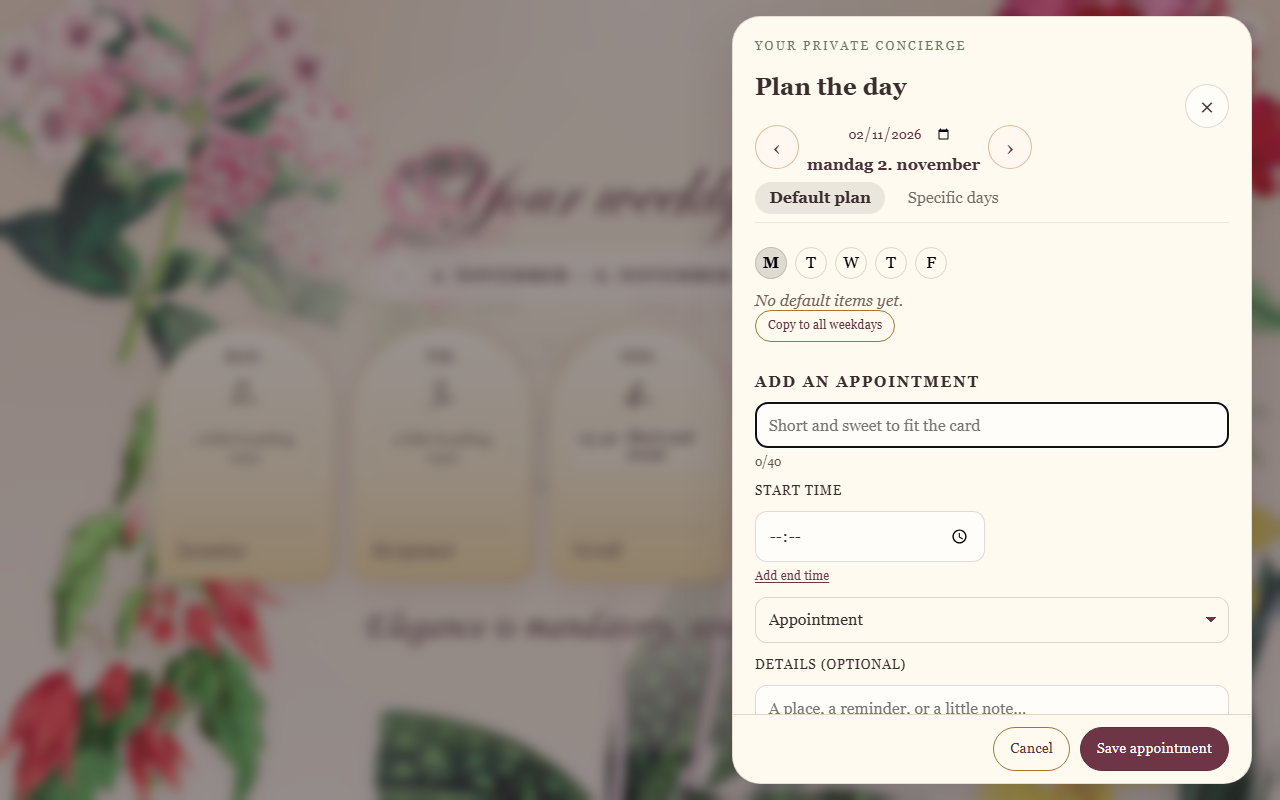 The default plan tab with weekday chips and reusable default items