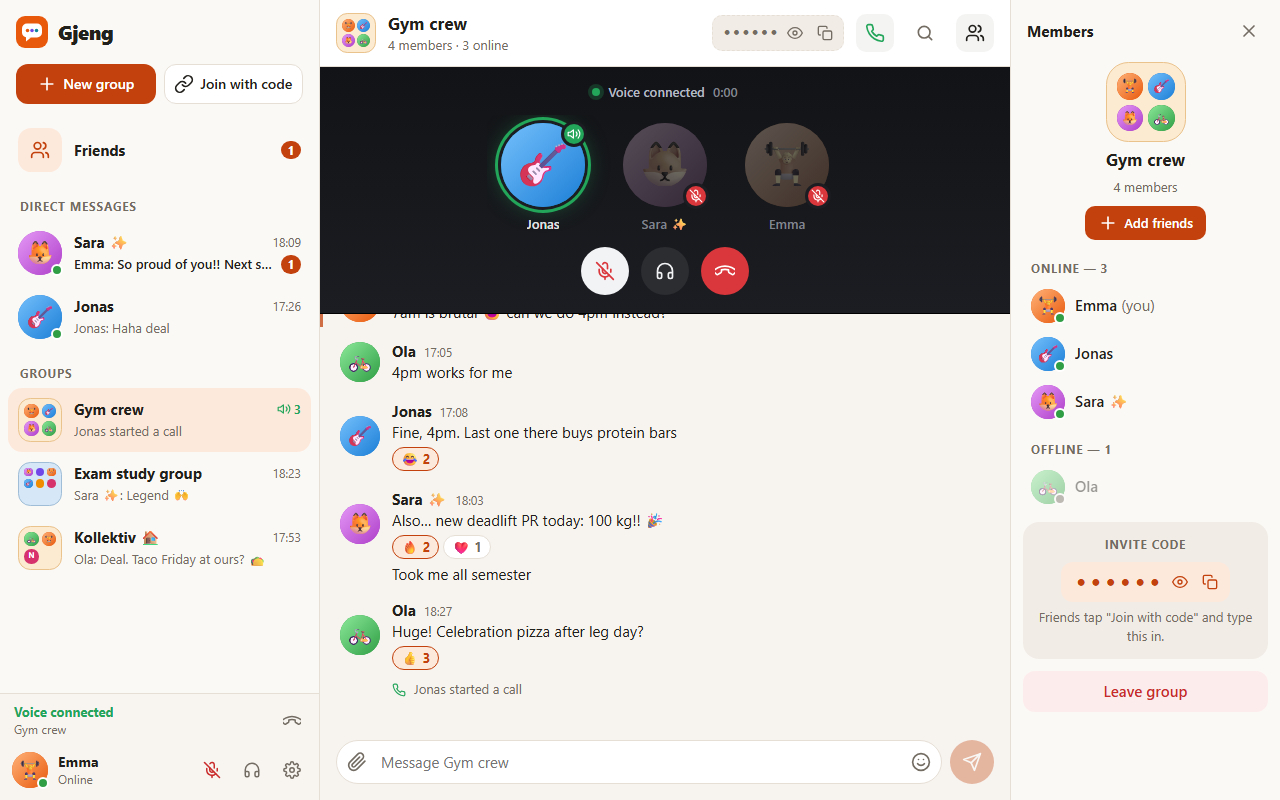 A group call in the Gym crew chat: Jonas has a green talking ring, Sara and Emma are darkened with red mute icons, and mute, deafen and leave buttons below