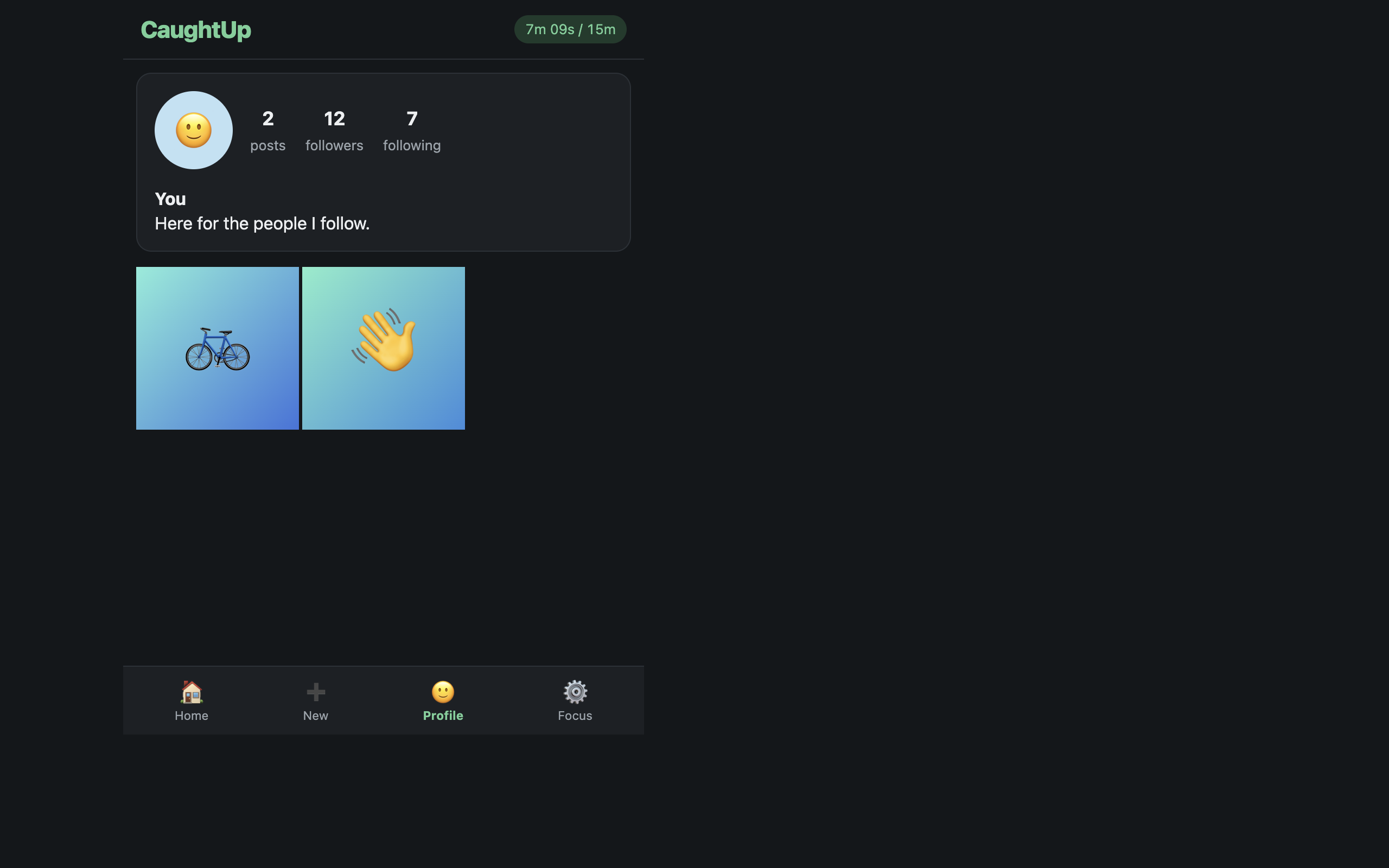 The demo user profile with its bio, counts, and photo grid.