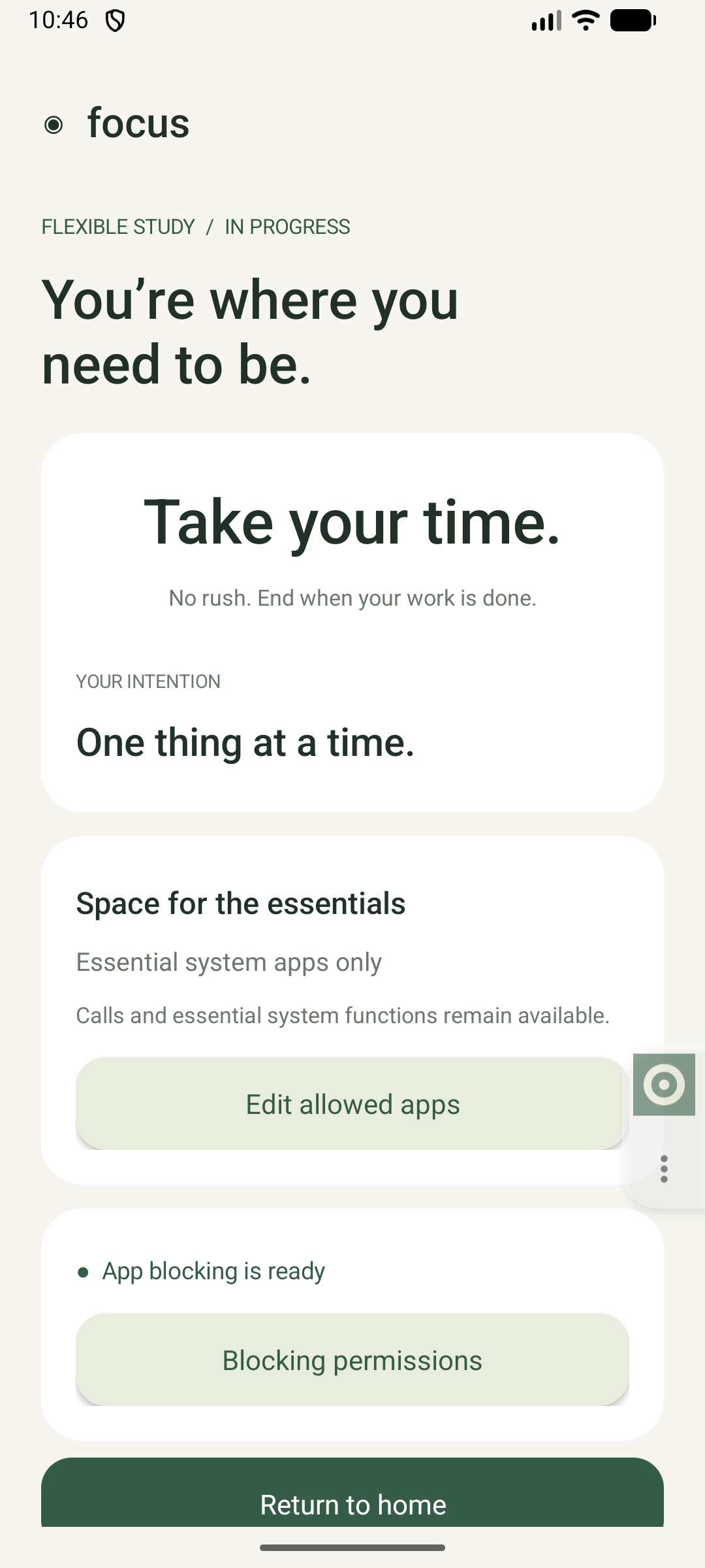 An active flexible study session with its intention and app blocking ready.
