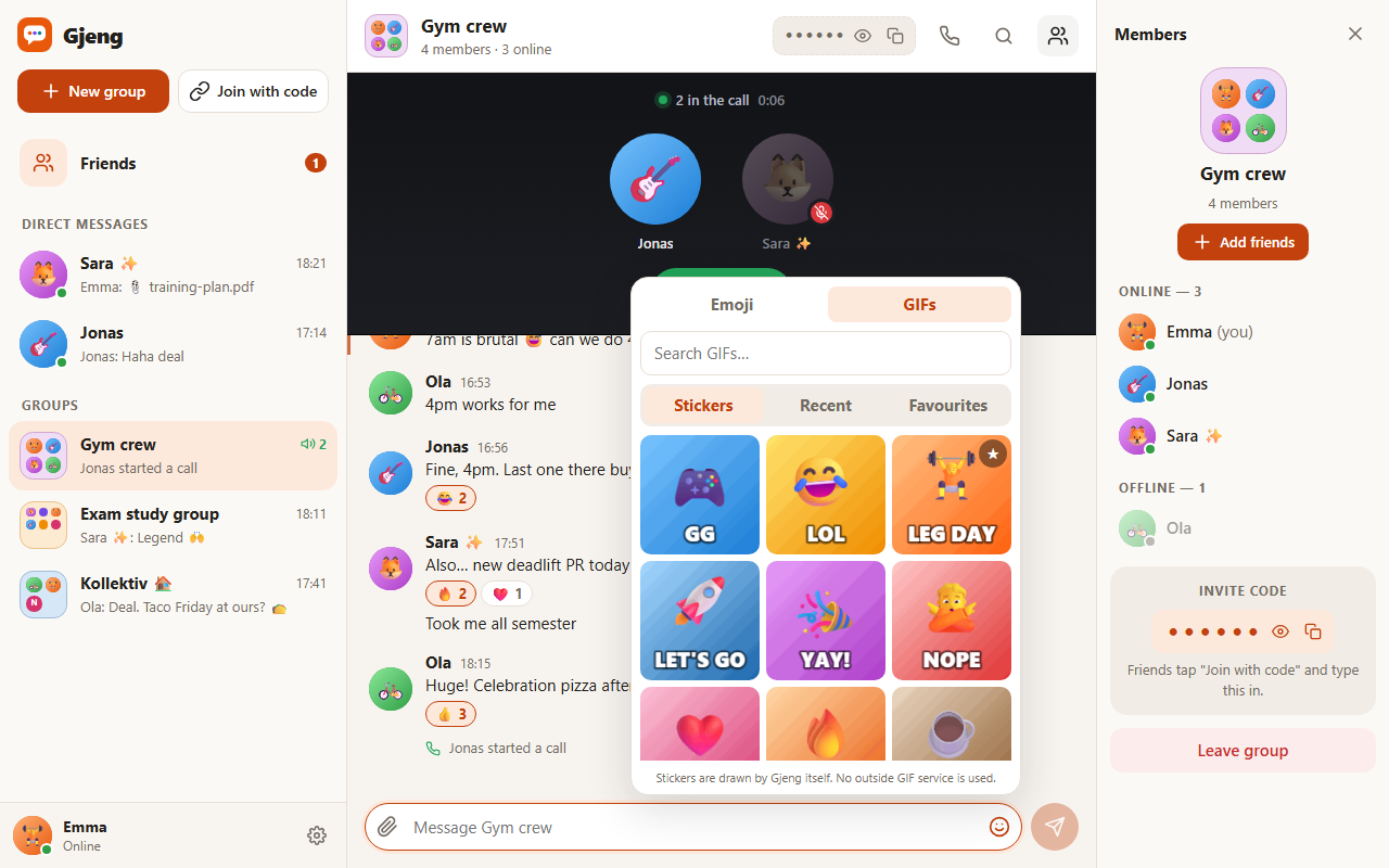 The GIF tab above the message box, with animated stickers like GG, LOL and Leg day, plus search, recent and favourites
