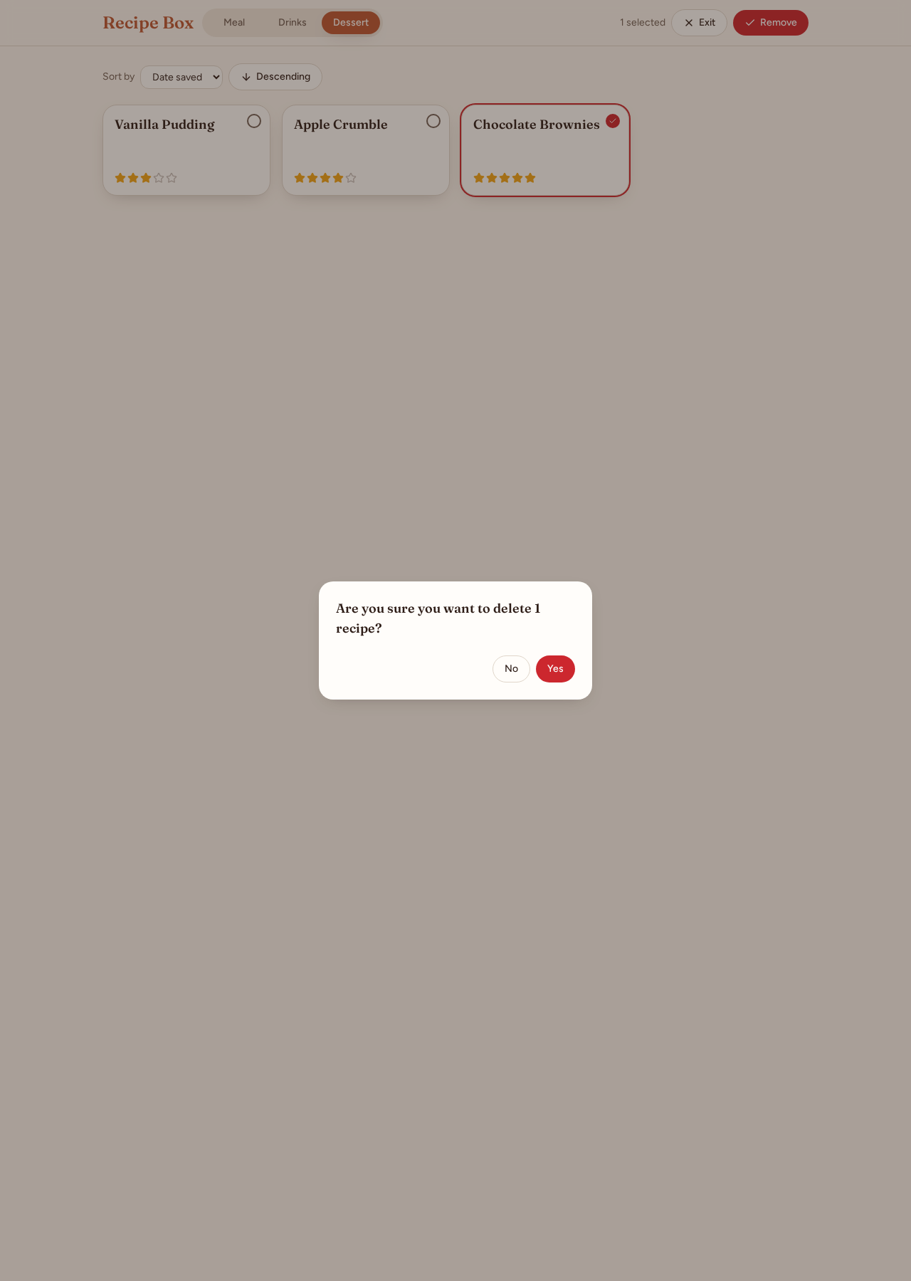 Confirmation dialog asking whether to delete one selected example recipe, with Yes and No choices.