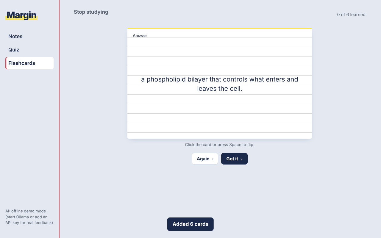 Flashcard study mode, showing the answer side of a card with Again and Got it buttons