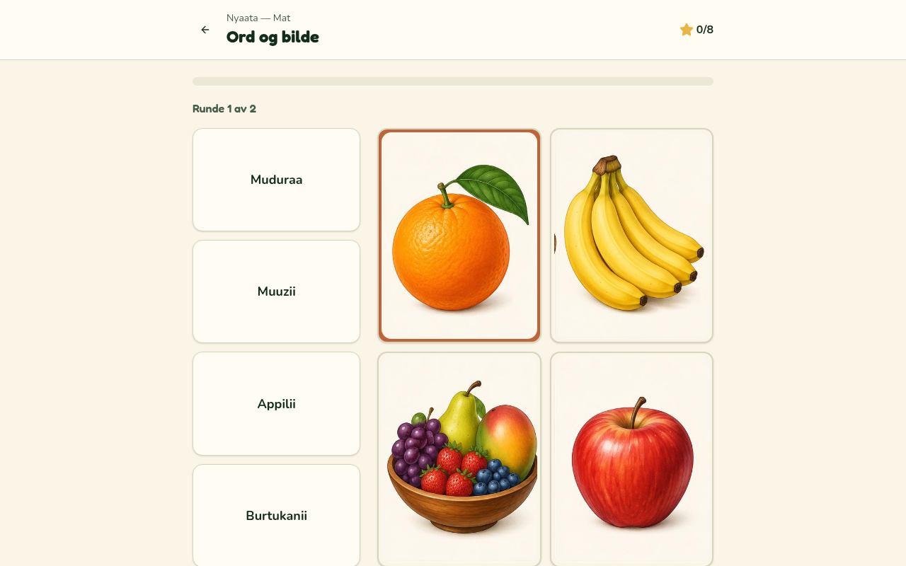 Word-picture matching game pairing Oromo food terms with authentic food photos