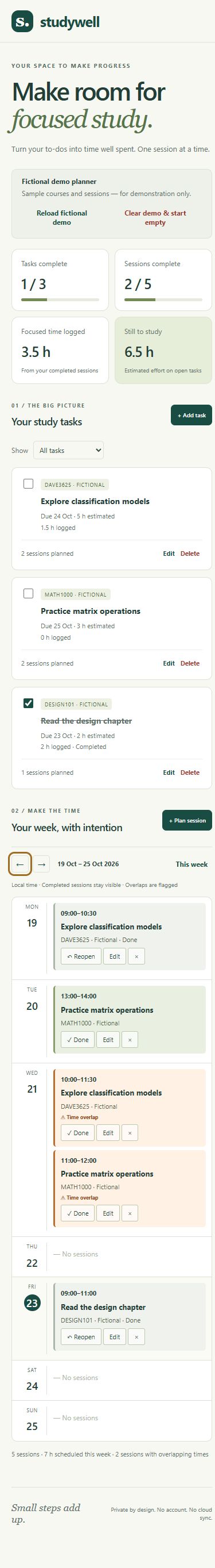 Studywell mobile fictional demo showing responsive task cards, progress totals, and the compact weekly agenda
