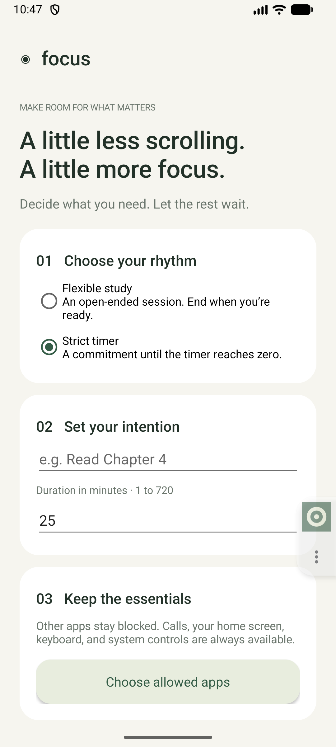 Focus setup with session mode, intention, duration and allowed-app settings.
