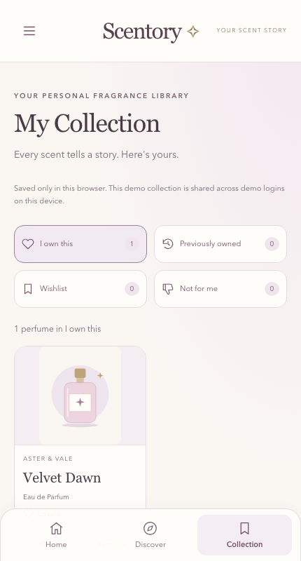 A mobile My Collection screen showing one saved perfume in the I own this category.