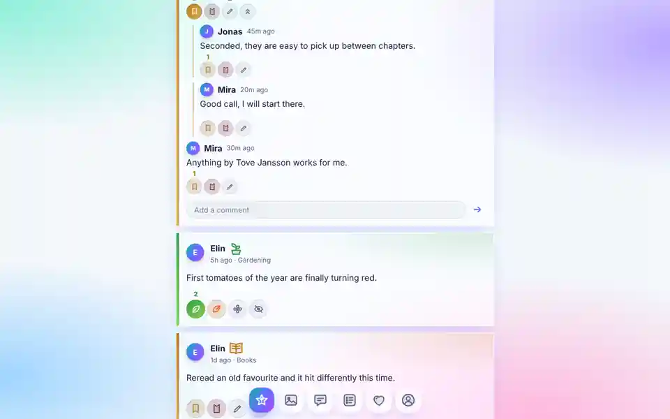 A book post with threaded comment replies, like buttons on each comment and a single comment bar with an arrow send button