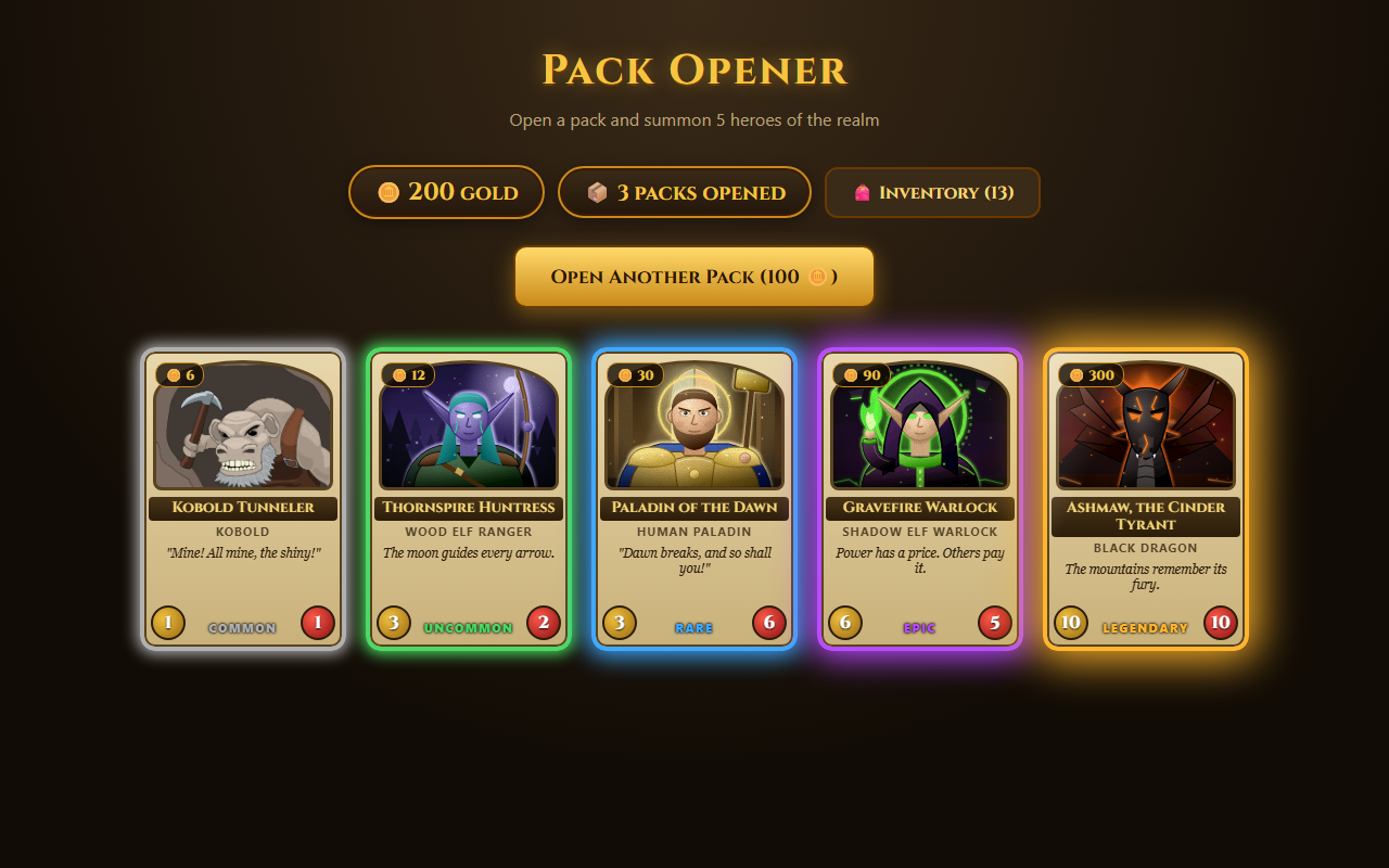 An opened pack of five cards in a row, from a common kobold miner to a legendary black dragon, each glowing in its rarity colour, with the gold and packs-opened counters above