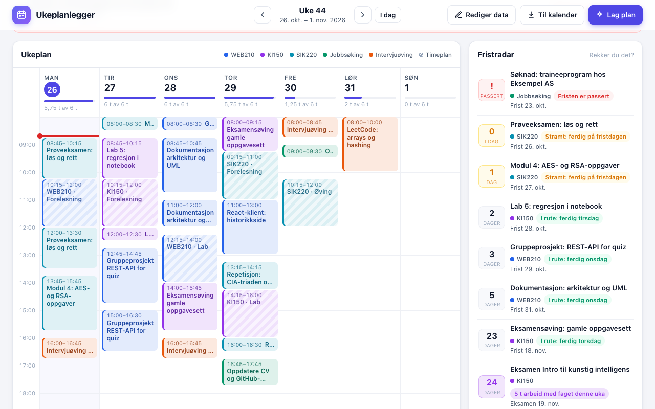 Week calendar with striped lectures and tasks coloured by course, next to the deadline radar showing days left and status per deadline