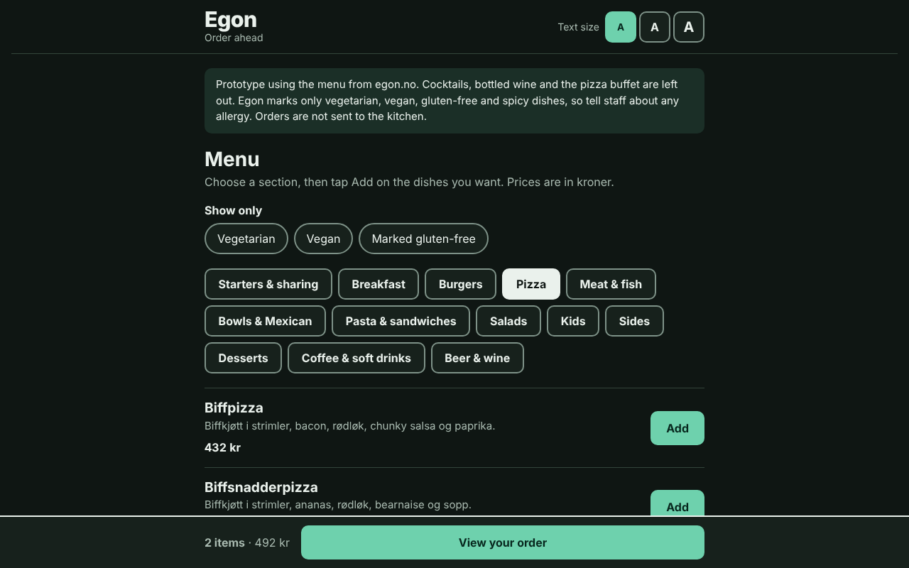 menu page in dark mode