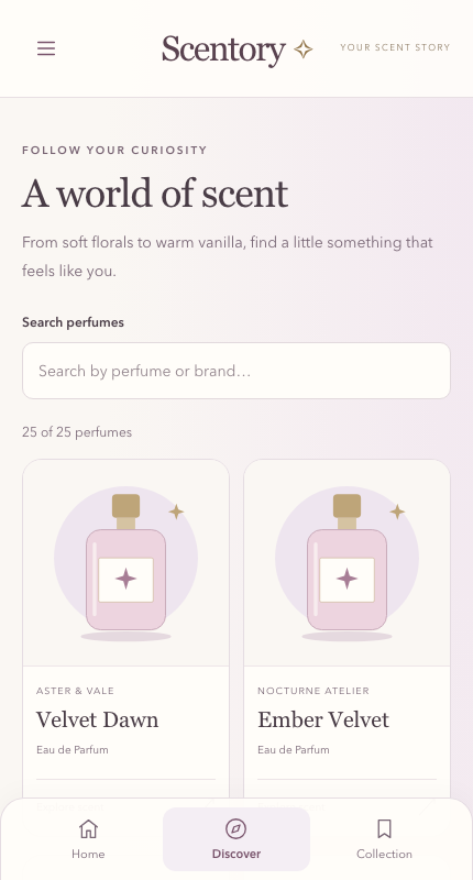 A mobile Discover screen with a search field and two perfume cards.