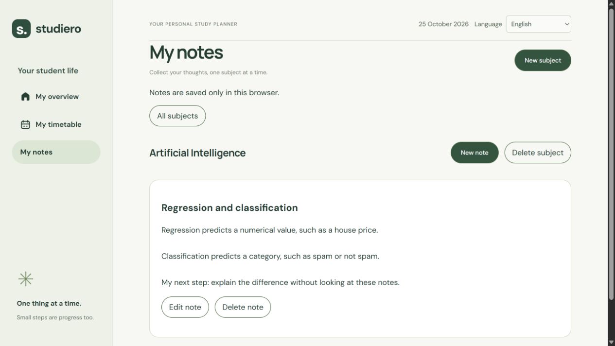 My notes: an Artificial Intelligence subject folder with a saved note explaining regression and classification, plus edit and delete controls.