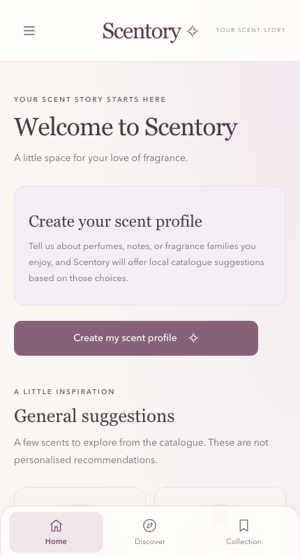 A mobile Home screen inviting the user to create a scent profile.