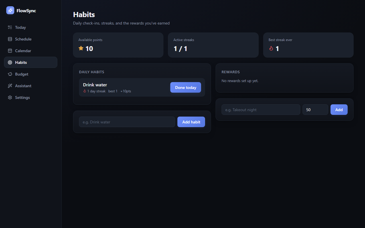 Habits page: daily streaks, points, and redeemable rewards