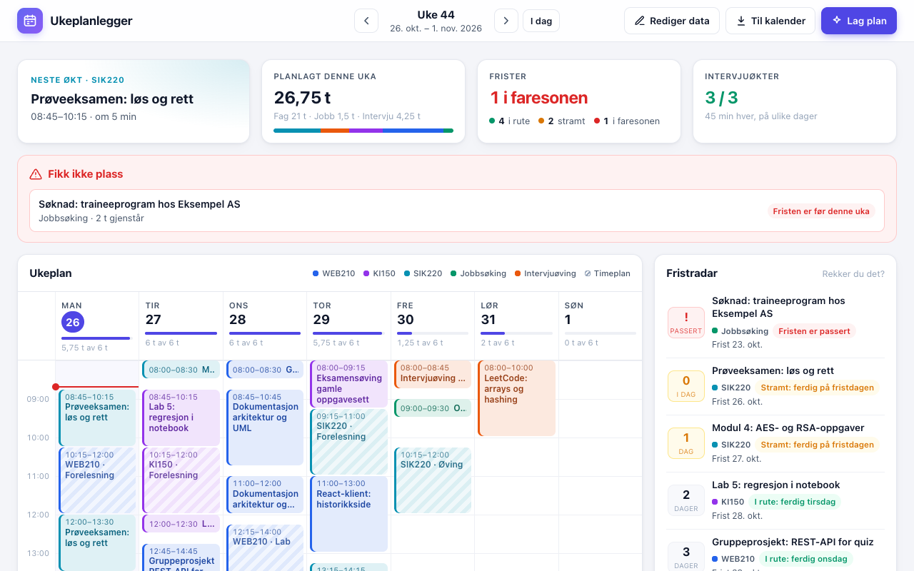 Dashboard: next-session card, planned hours by course, deadline summary and interview sessions 3 of 3, above the list of tasks that did not fit