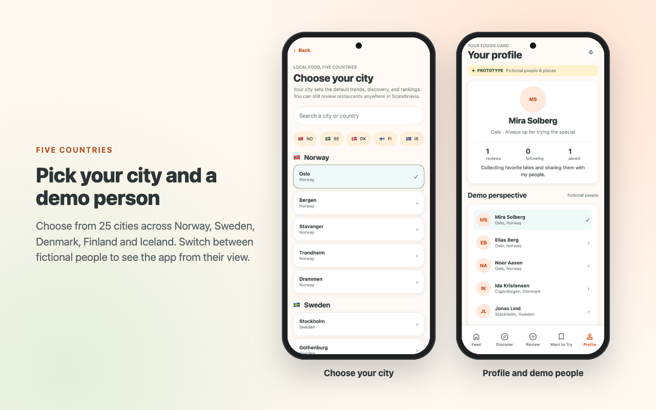 Two phones: the city picker for five Nordic countries, and the profile with fictional demo people