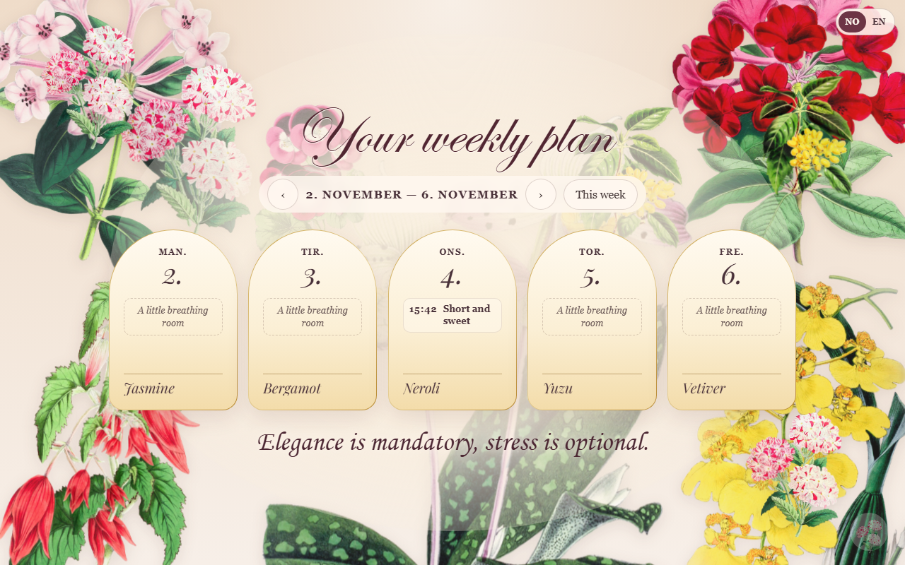 The weekly planner view with five weekday cards, appointments, daily focus and botanical frame