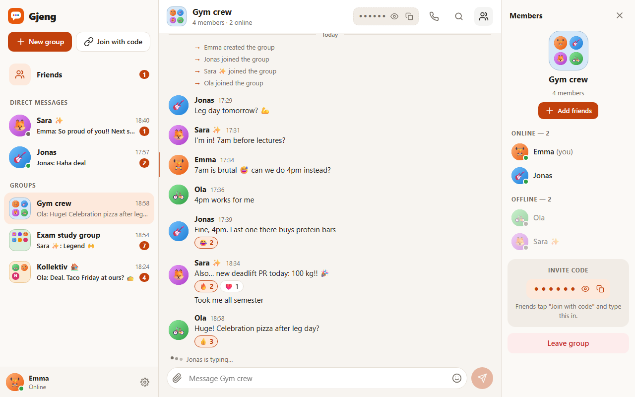 The Gym crew group chat with reactions, a typing indicator, folder-style group icons on the left and the member list split into online and offline