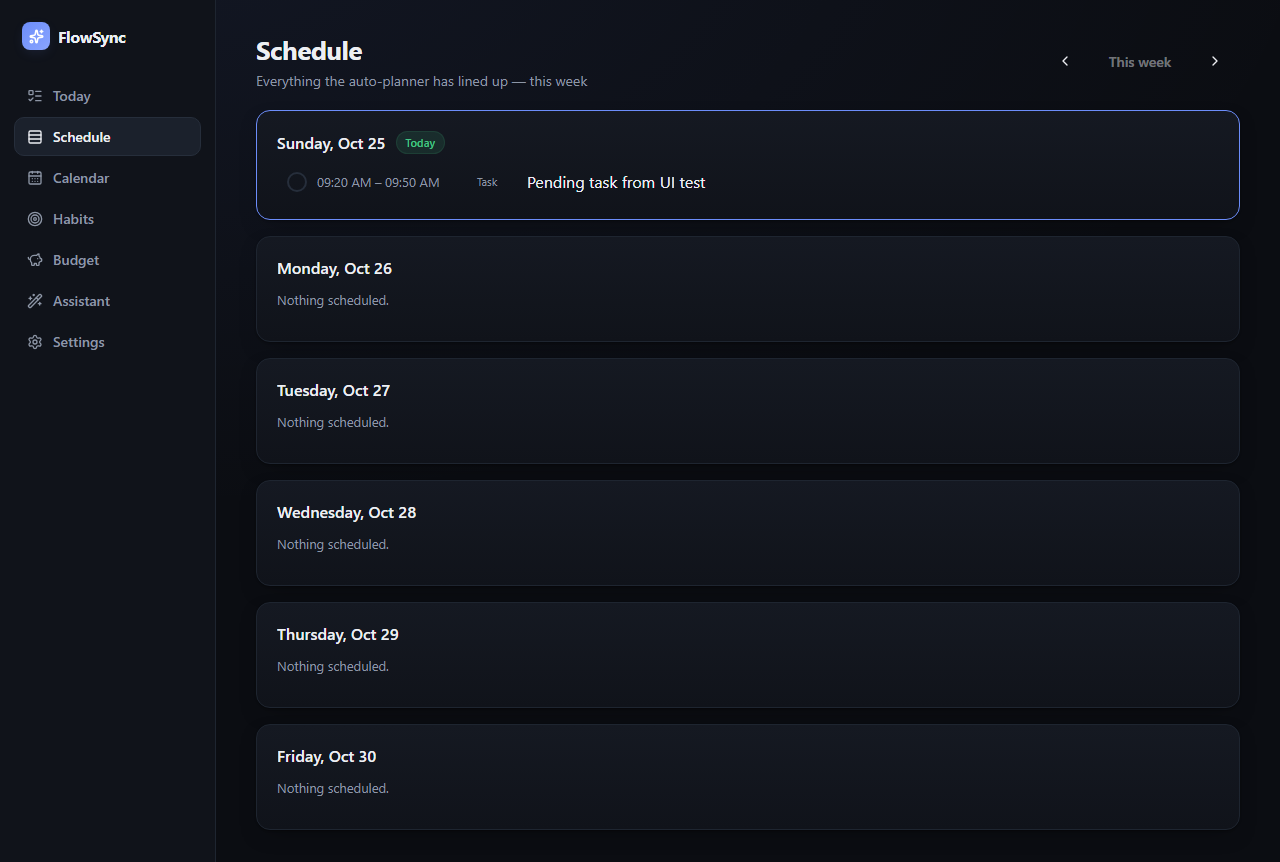 Schedule page: the week auto-planned around tasks and events