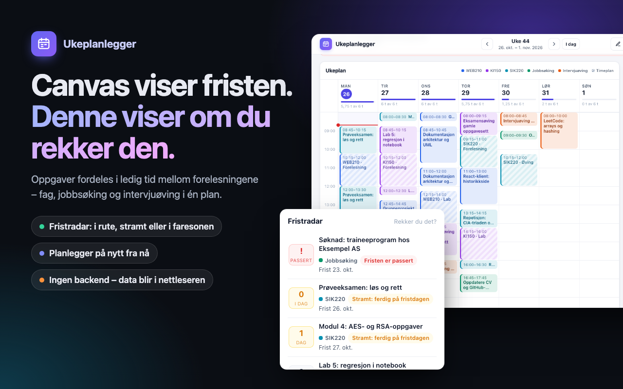 Cover: the headline 'Canvas viser fristen. Denne viser om du rekker den.' beside the week calendar and the deadline radar