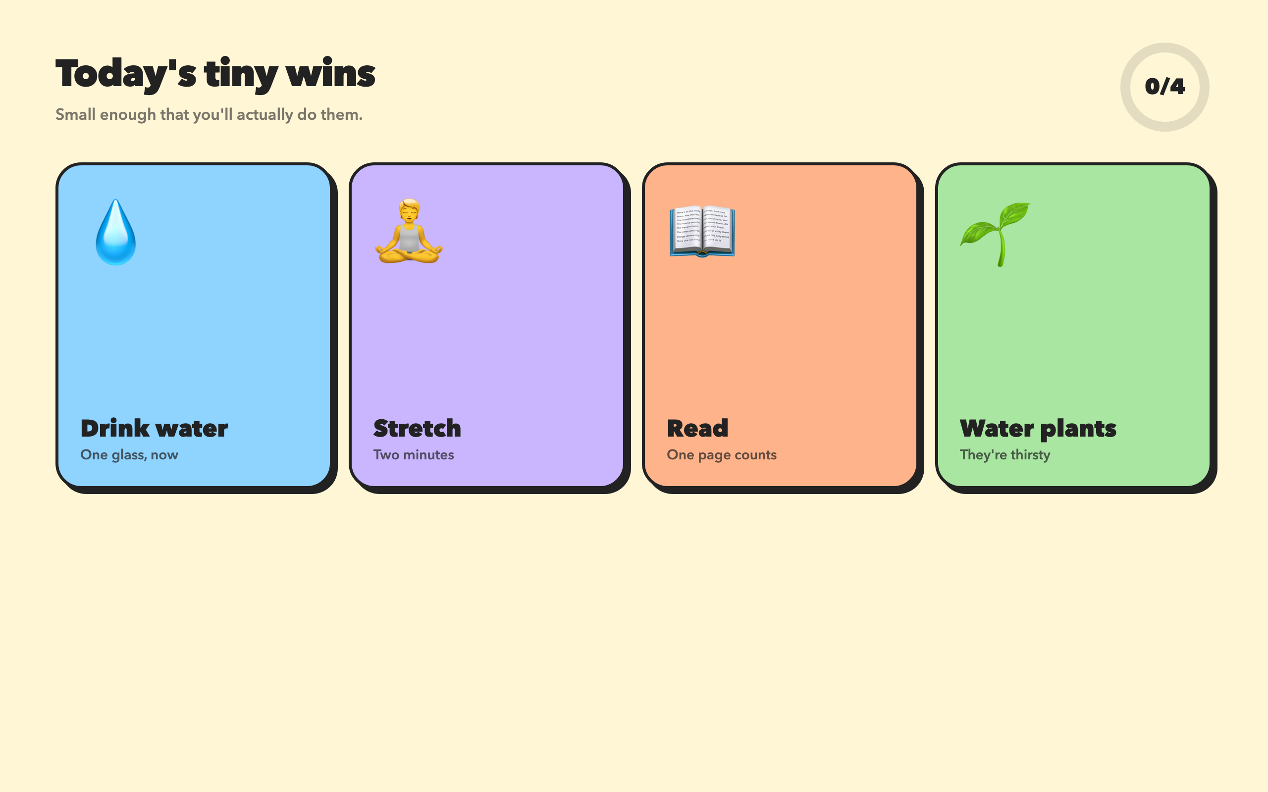 Four habit cards and an empty progress ring