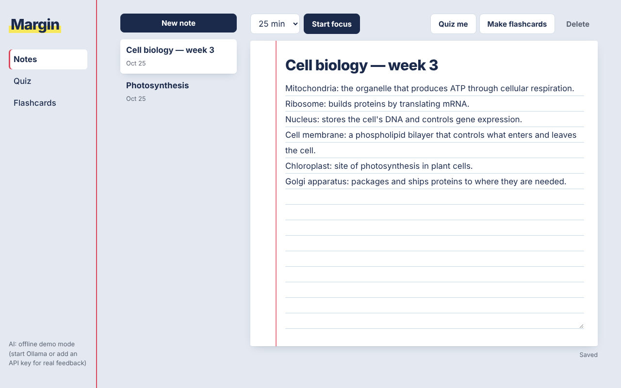 The notes screen, with a cell biology note on a ruled index-card notepad with a red margin line