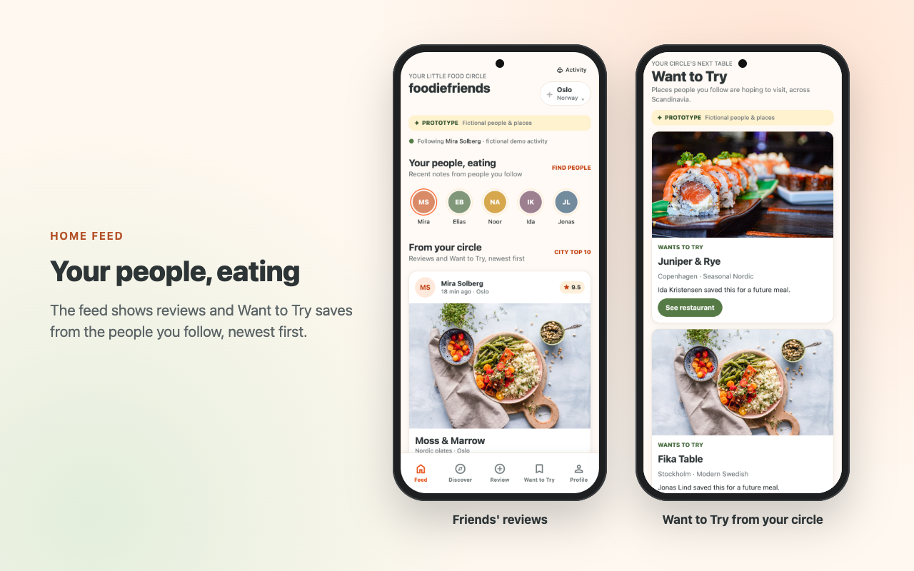 Two phones: the home feed with friends' reviews, and the Want to Try list from people you follow