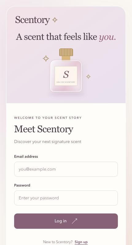 A mobile Scentory login screen with empty email and password fields.