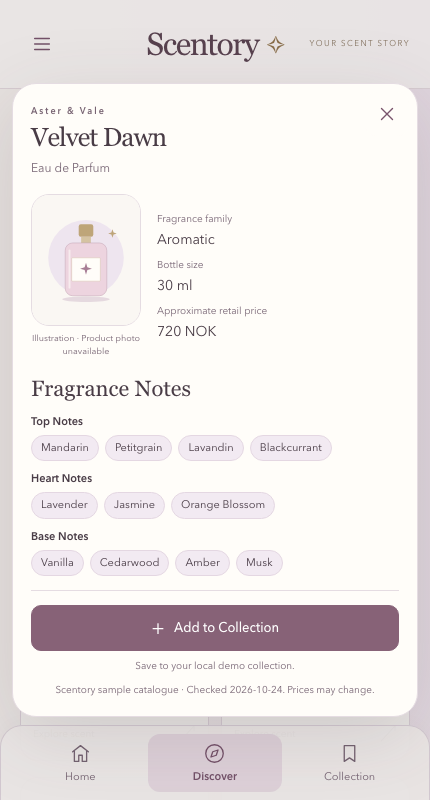 A mobile perfume details card with note chips, price, and Add to Collection button.