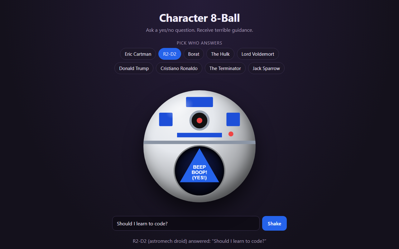 R2-D2 dome with blue panels, answering Beep boop! (Yes!)