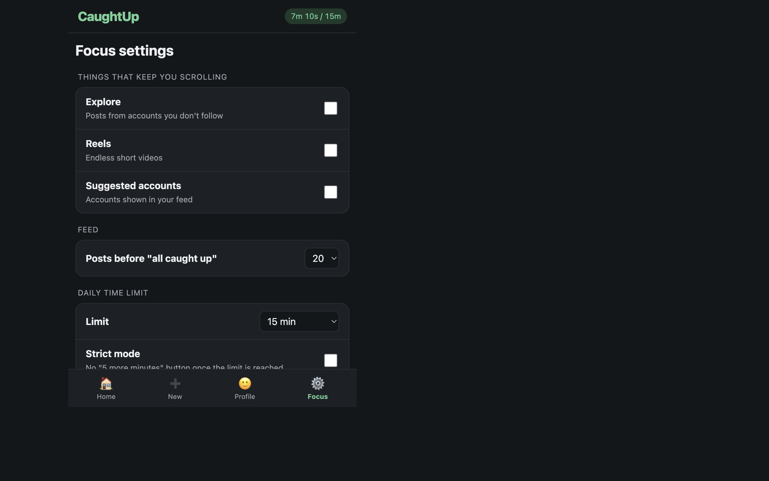 Focus settings for feed length, suggested content, time limits, and weekly use.