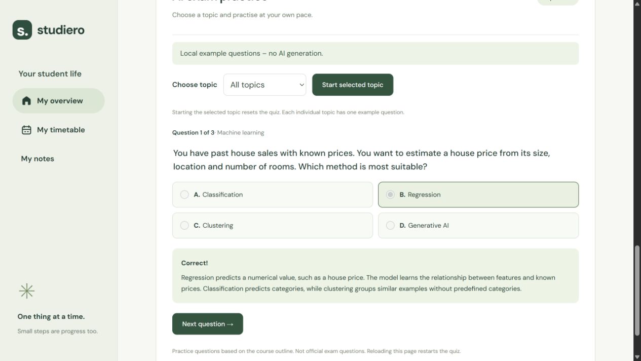 AI exam practice: regression selected as the correct answer, followed by an explanation. Three local example questions, not live AI generation.