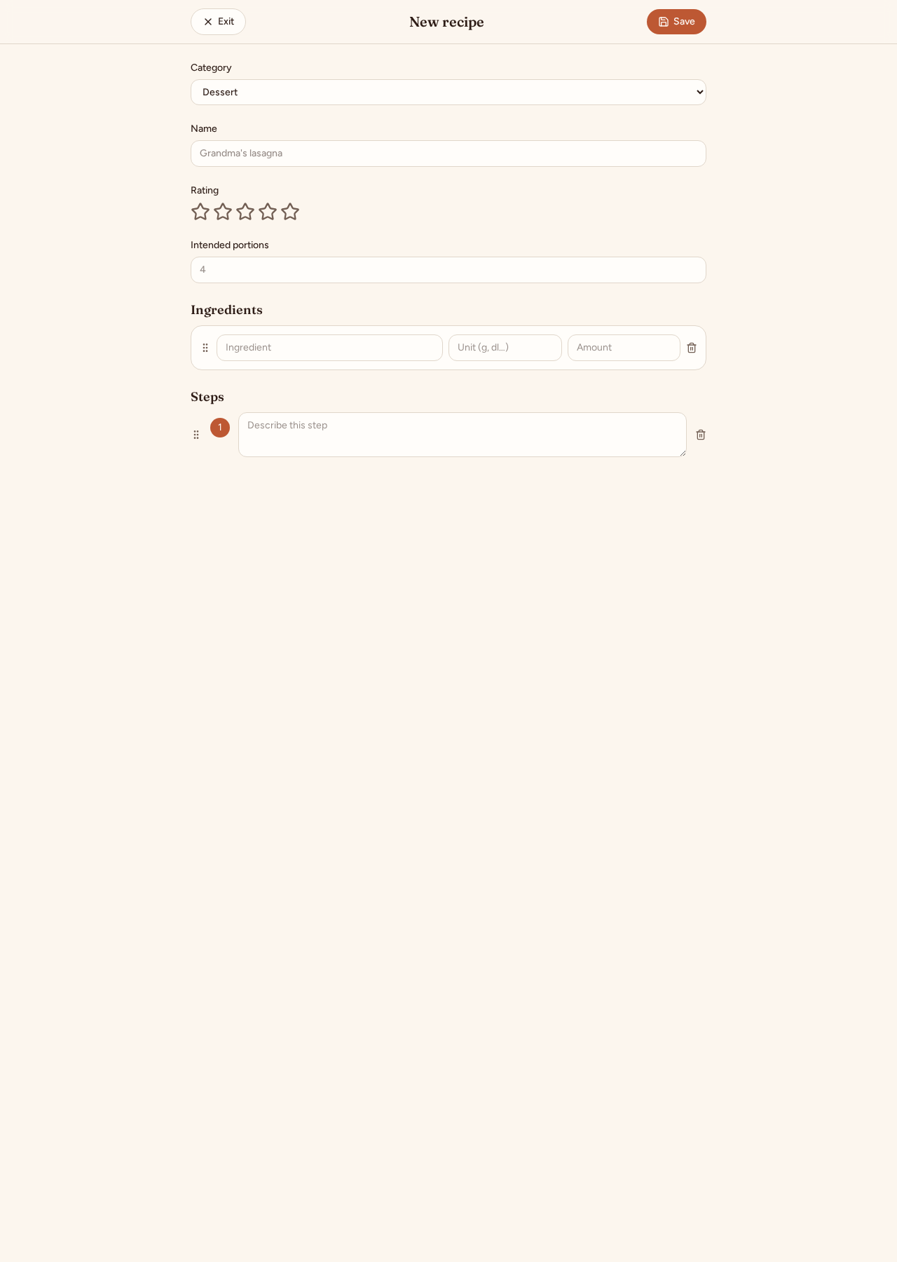Empty new recipe form with dessert category selected, star rating, portions, ingredient fields and numbered steps.
