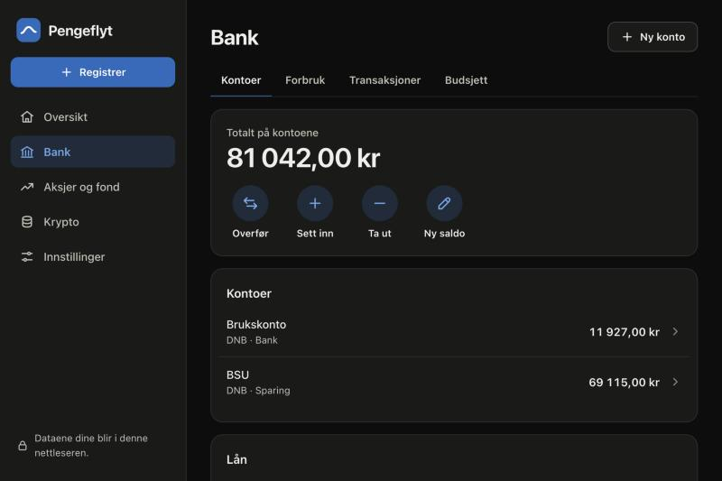 Bank page with tabs for accounts, spending, transactions and budget: total on the accounts, Transfer, Deposit, Withdraw and New balance shortcuts, and the account list (demo data)