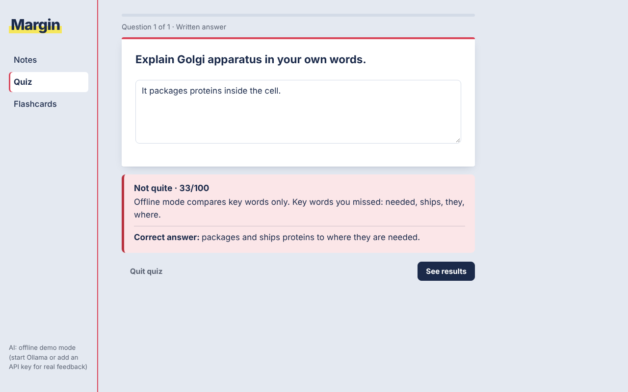 A written answer about the Golgi apparatus scored 33 out of 100, with feedback and the correct answer (offline demo mode)