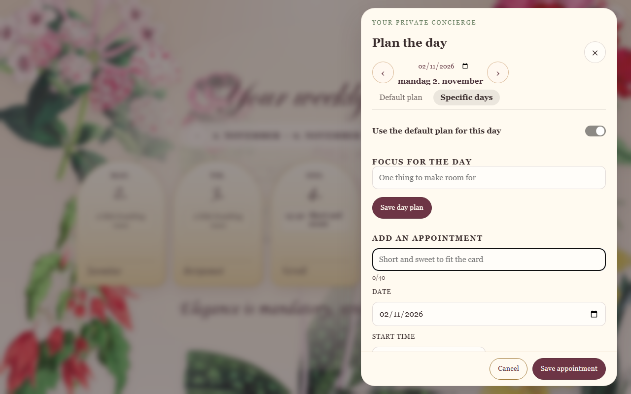 The floral editor for specific days, with the use-default switch and appointment form