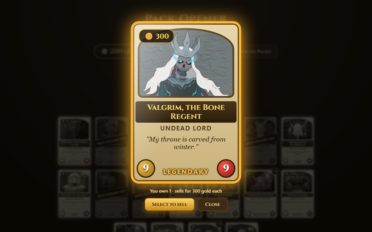 An inspected card from the inventory, it becomes enlargened and the background becomes greyed out.