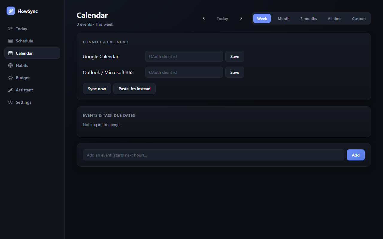 Calendar page: connect Google Calendar or Outlook via OAuth device code