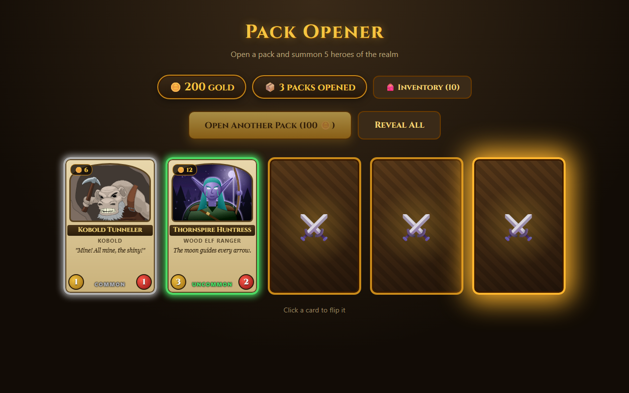 A pack mid-reveal: two cards flipped face up, three still face down, and the last face-down card glowing gold to hint that it is legendary