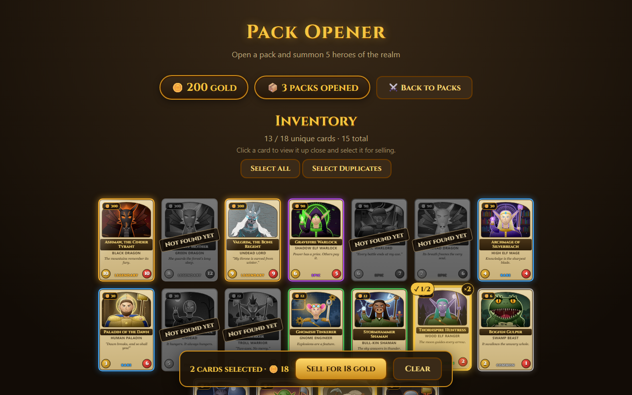 The inventory as a collection book: owned cards in colour, unfound cards greyed out and stamped Not found yet, with two duplicates selected and a sell bar offering 18 gold