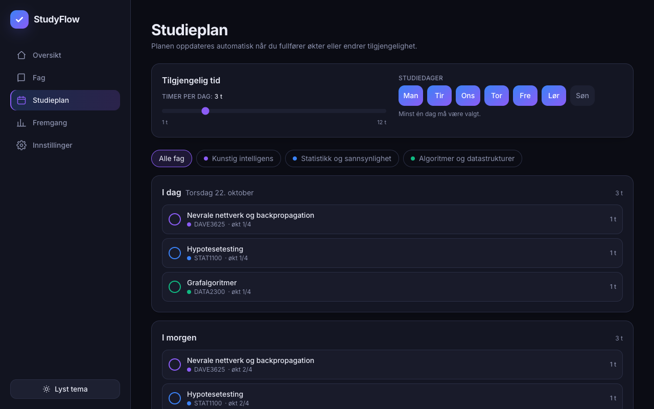 Study plan page with hours-per-day slider, weekday toggles and sessions grouped by day