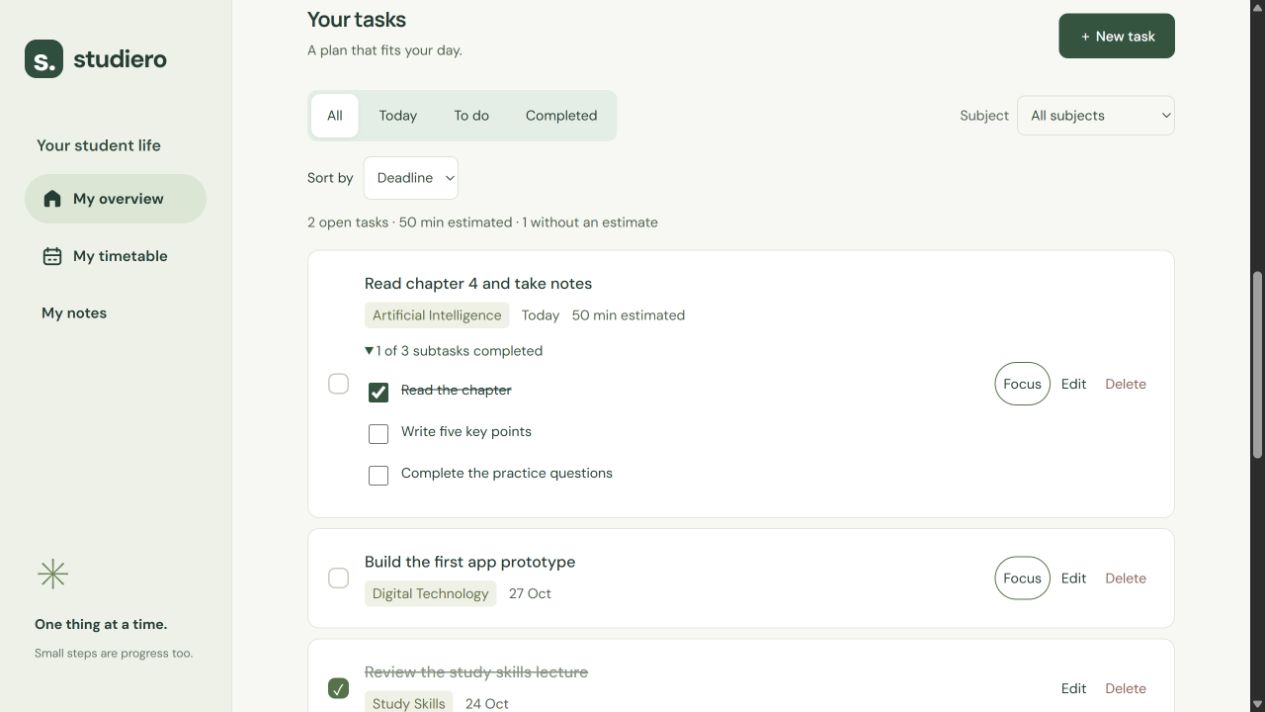 Study planner with subject labels, deadlines and an expanded checklist showing one of three subtasks completed. Synthetic example tasks.
