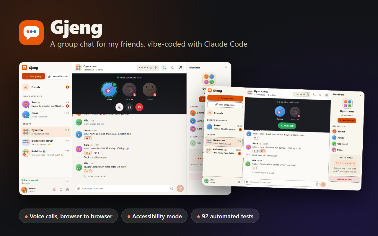 Cover: the Gjeng logo and title above two screens, a group call and accessibility mode, with three pills: voice calls browser to browser, accessibility mode, 92 automated tests