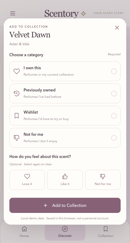 A mobile Add to Collection dialog with category choices and optional scent ratings.