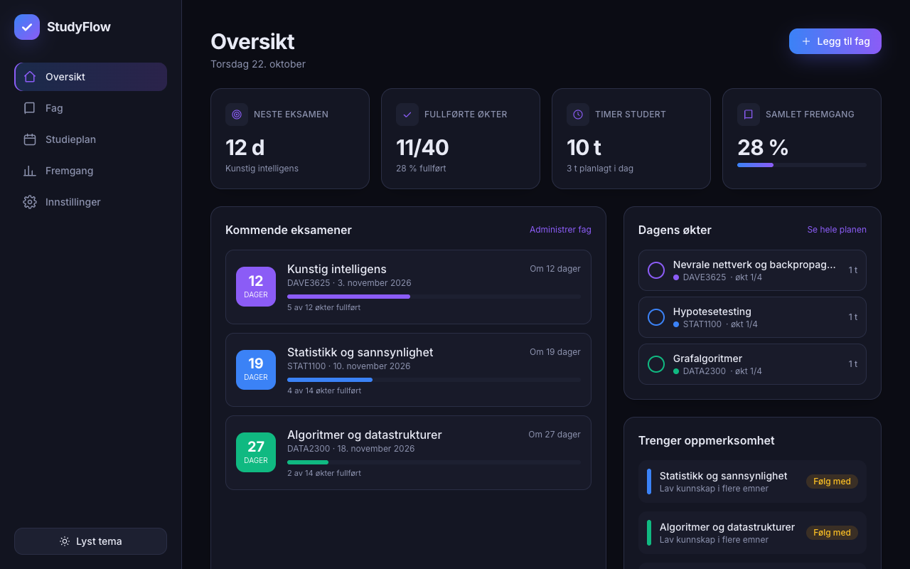 StudyFlow dashboard in dark mode with exam countdowns, today's study sessions and overall progress