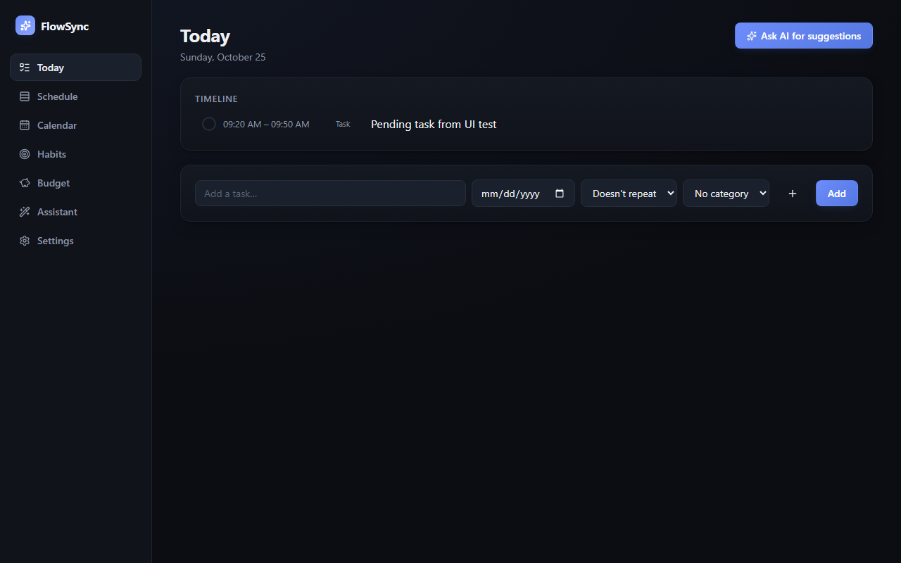 Today page: add a task with a due date and category, timeline view, Ask AI for suggestions