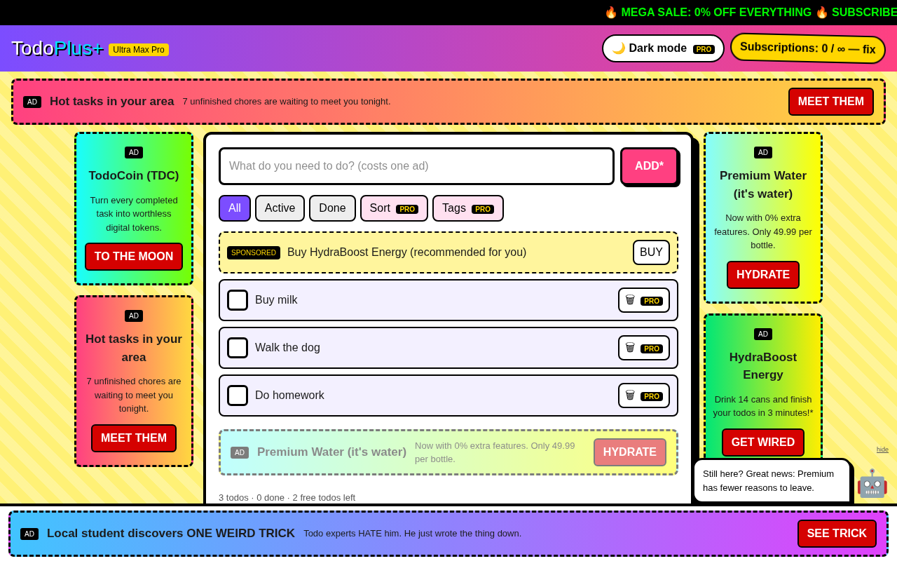 The todo list with three todos, a sponsored todo and ads on every side